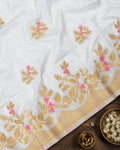 White Banarasi Silk Saree with Detailed Botanical Floral Meenakari Jaal Weaves