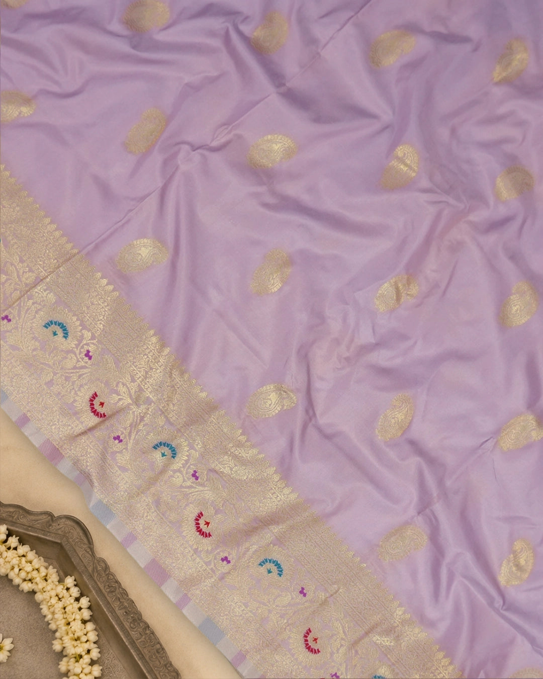 Lavender Banarasi Silk Saree with Paisley Weave and Meenakari Border