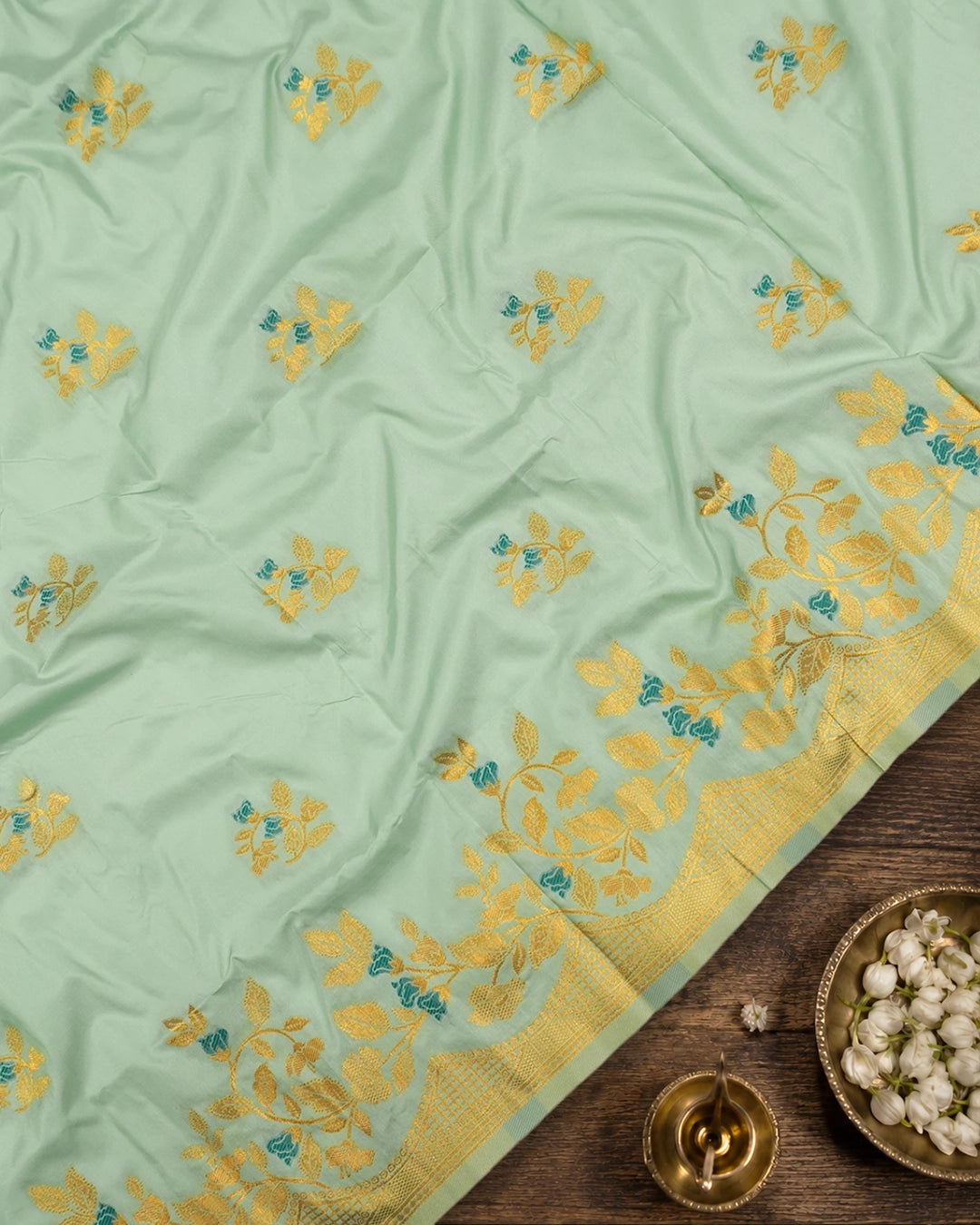 Pista Green Banarasi Silk Saree with Lustrous Gold Zari Meenakari Floral Weaves