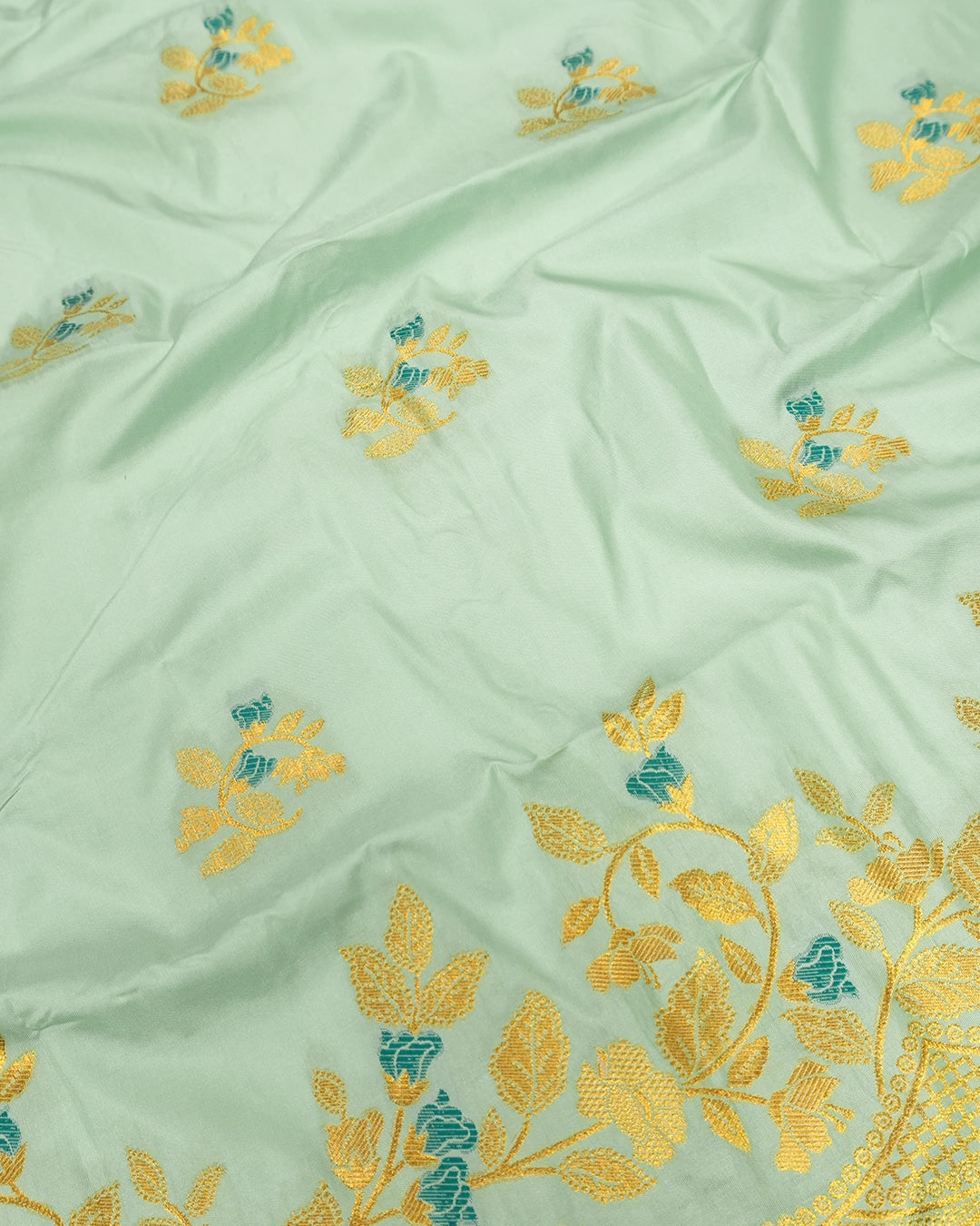 Pista Green Banarasi Silk Saree with Lustrous Gold Zari Meenakari Floral Weaves