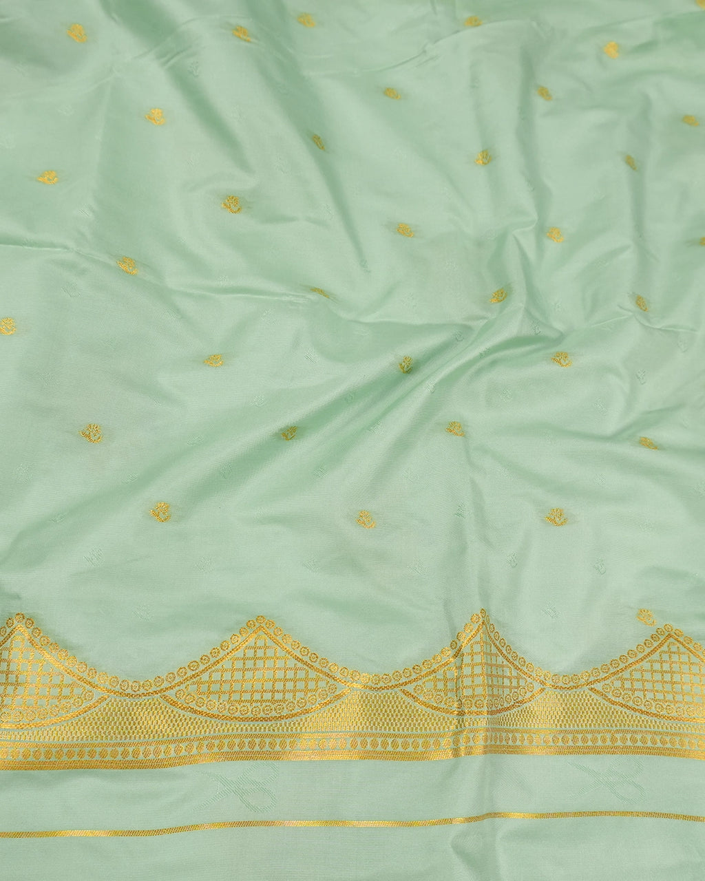 Pista Green Banarasi Silk Saree with Lustrous Gold Zari Meenakari Floral Weaves