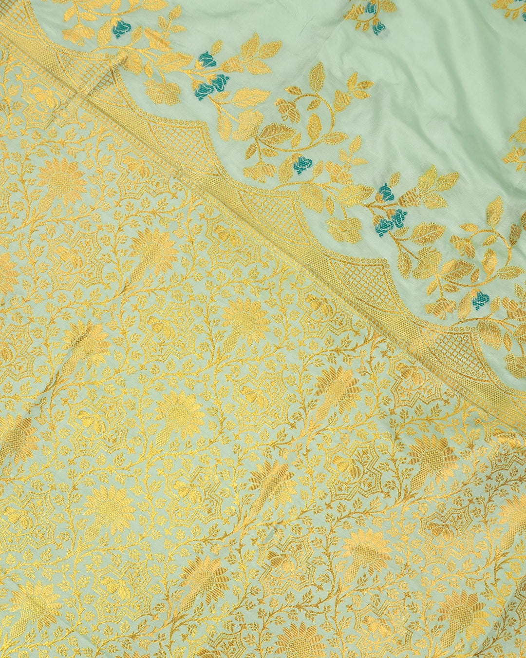 Pista Green Banarasi Silk Saree with Lustrous Gold Zari Meenakari Floral Weaves