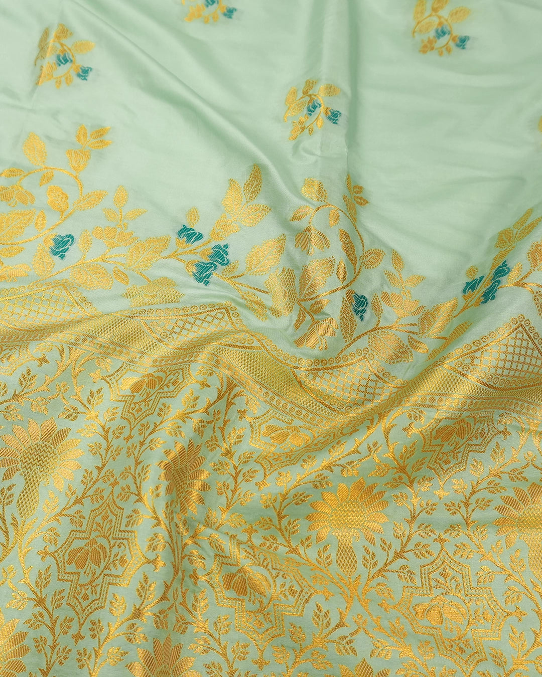 Pista Green Banarasi Silk Saree with Lustrous Gold Zari Meenakari Floral Weaves