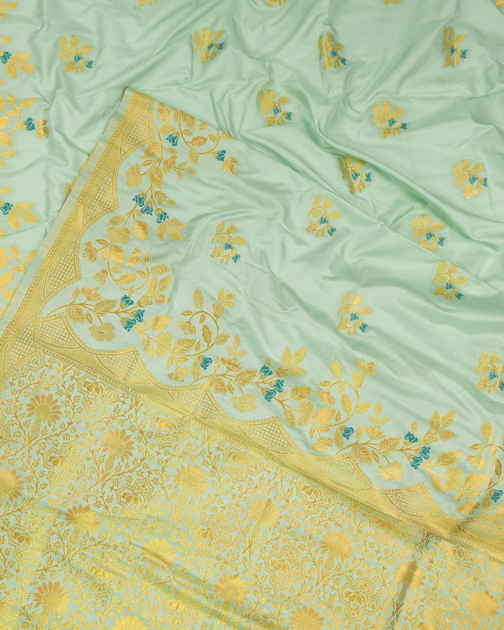 Pista Green Banarasi Silk Saree with Lustrous Gold Zari Meenakari Floral Weaves