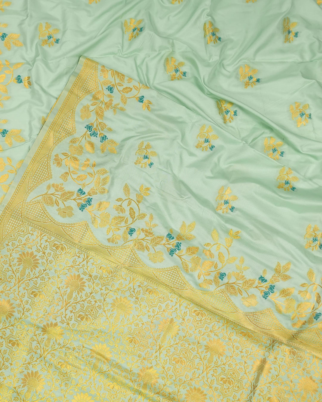 Pista Green Banarasi Silk Saree with Lustrous Gold Zari Meenakari Floral Weaves