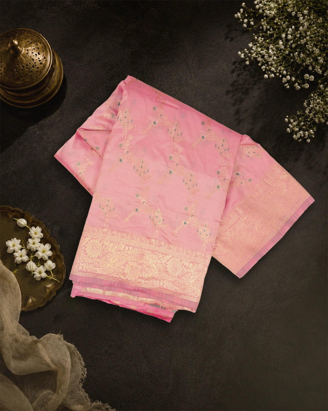 Pastel Pink Banarasi Silk Saree with Floating Meenakari Floral Weaves