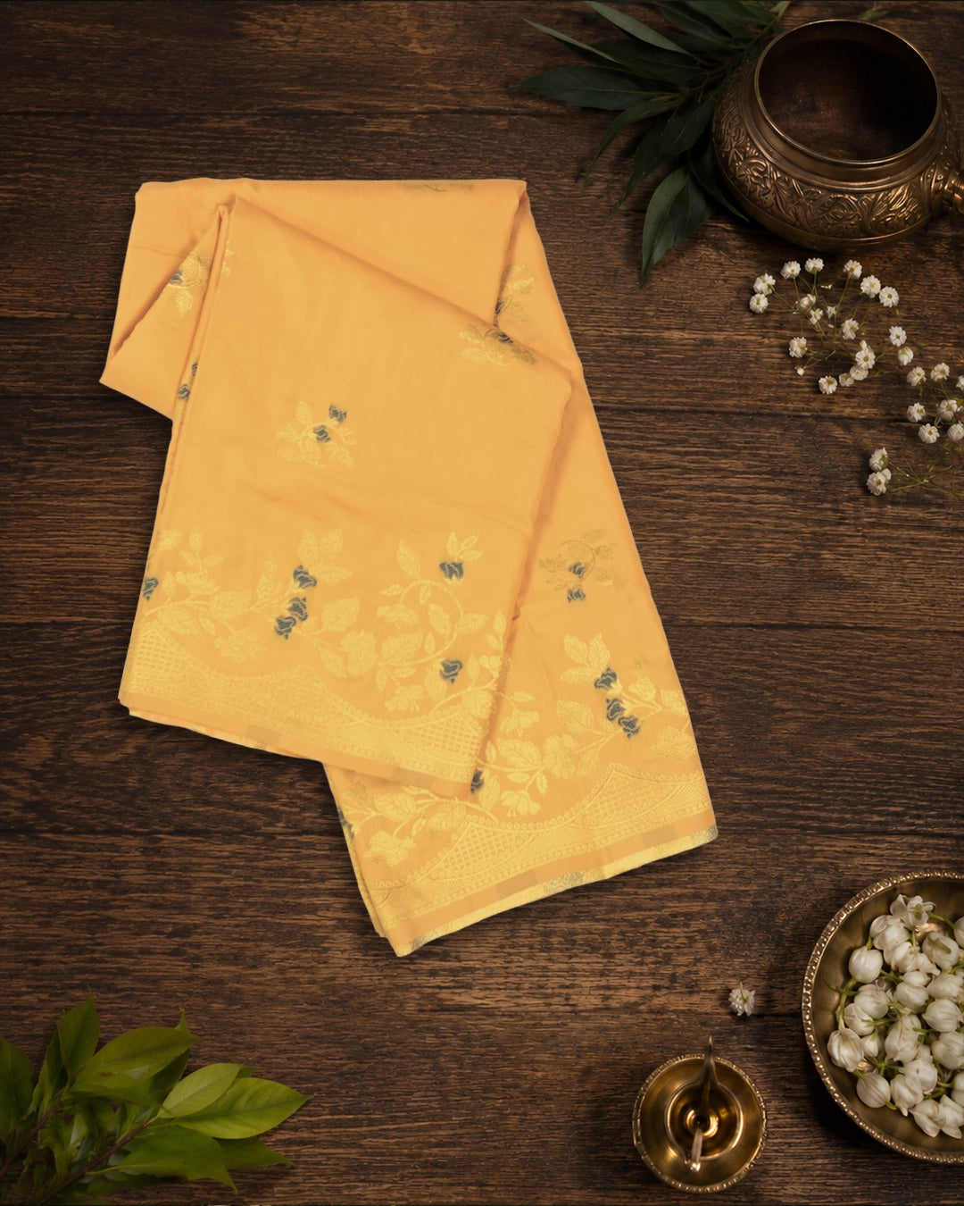 Yellow Banarasi Silk Saree with Floral Ivy and Contrast Deep Teal-Meena Highlights