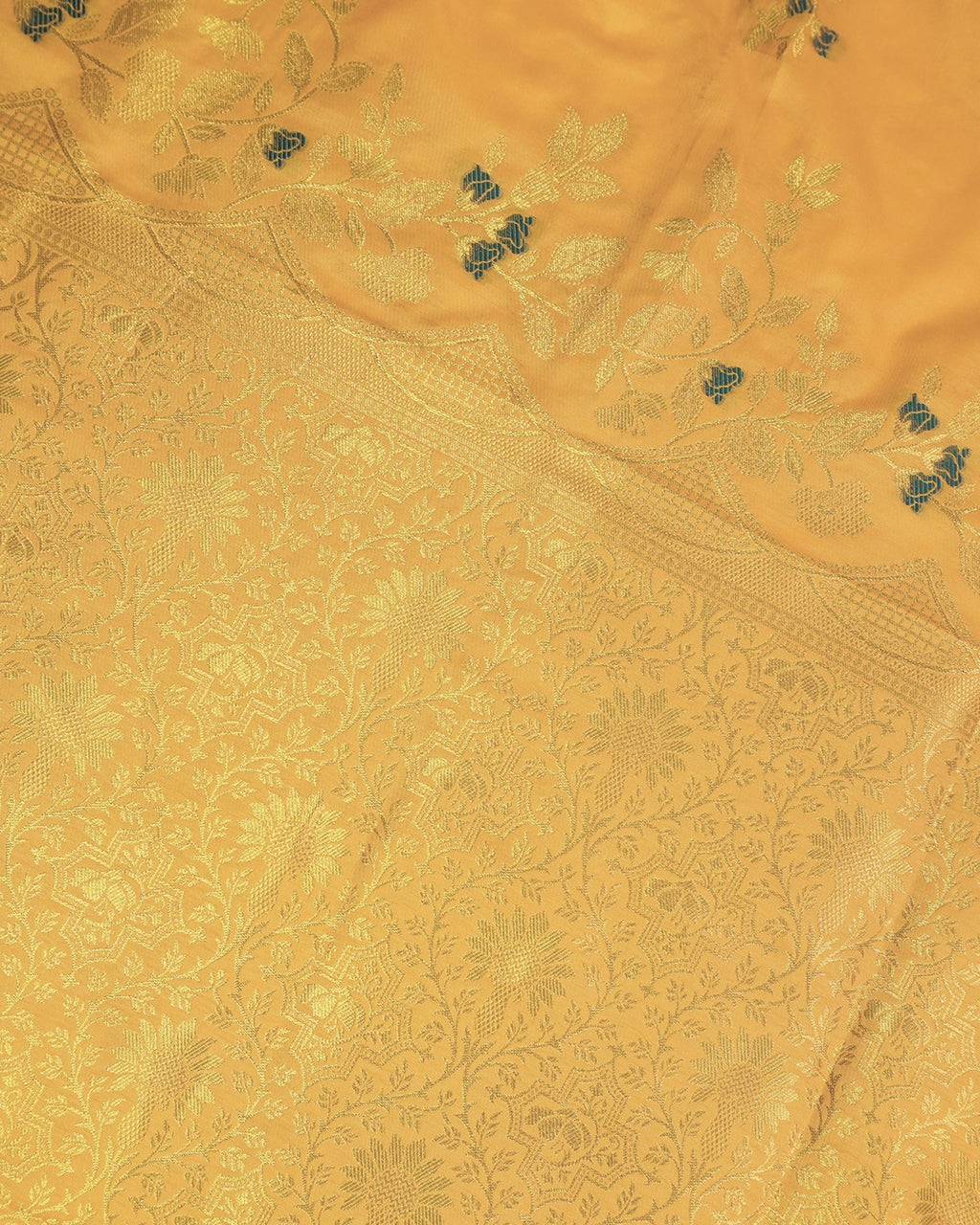 Yellow Banarasi Silk Saree with Floral Ivy and Contrast Deep Teal-Meena Highlights