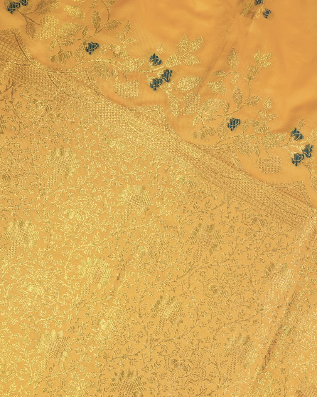 Yellow Banarasi Silk Saree with Floral Ivy and Contrast Deep Teal-Meena Highlights
