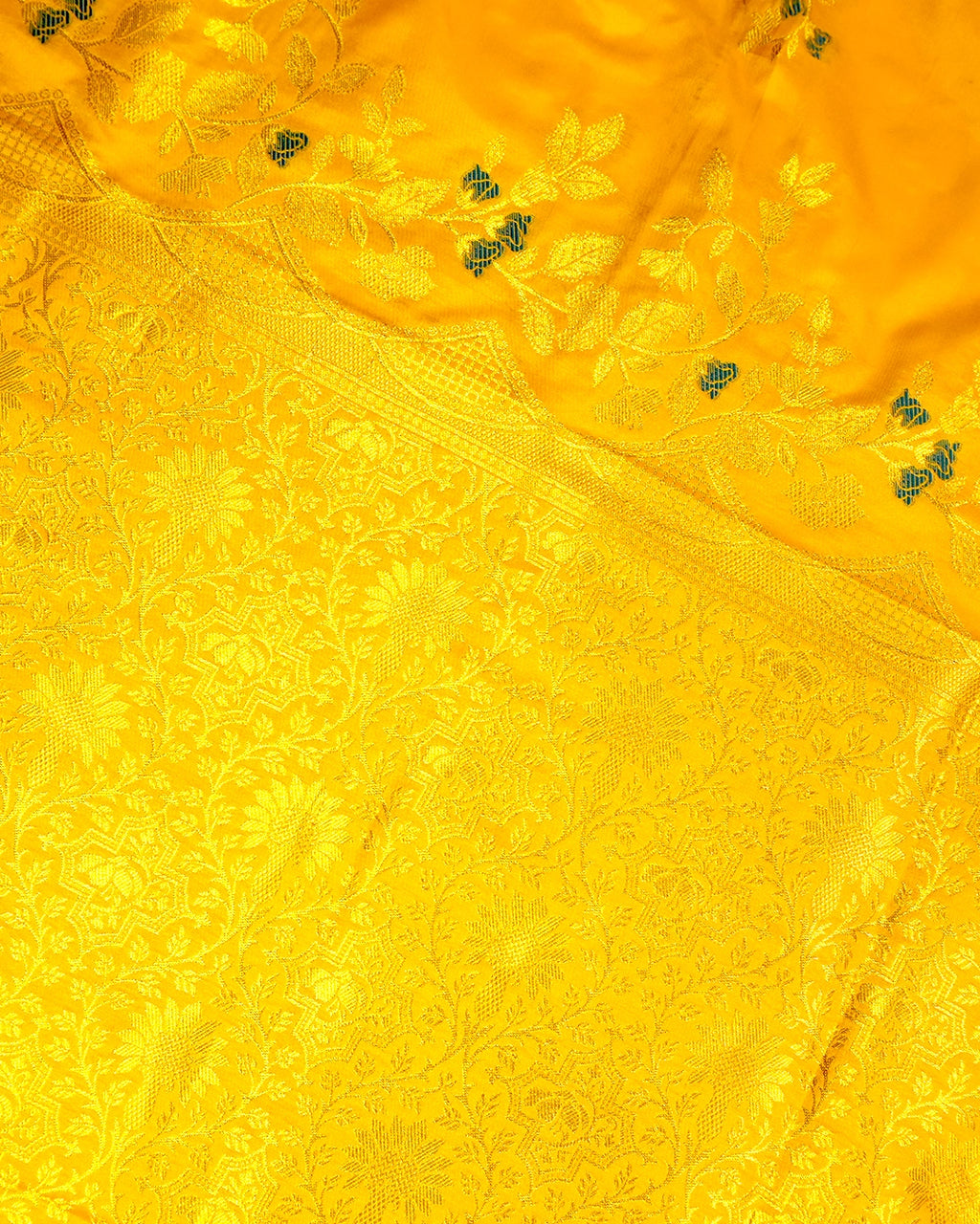 Yellow Banarasi Silk Saree with Floral Ivy and Contrast Deep Teal-Meena Highlights