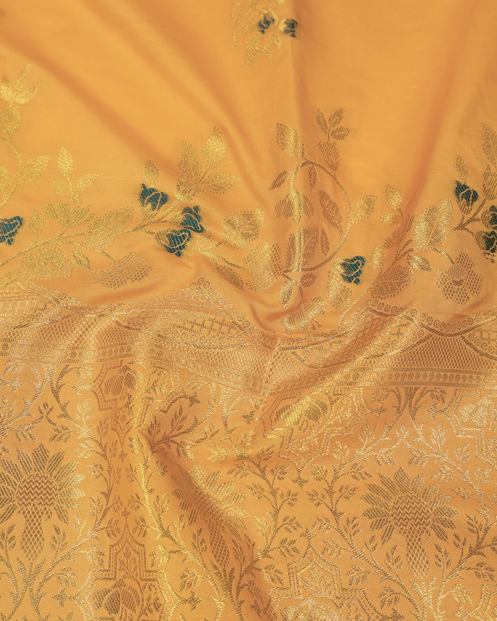Yellow Banarasi Silk Saree with Floral Ivy and Contrast Deep Teal-Meena Highlights