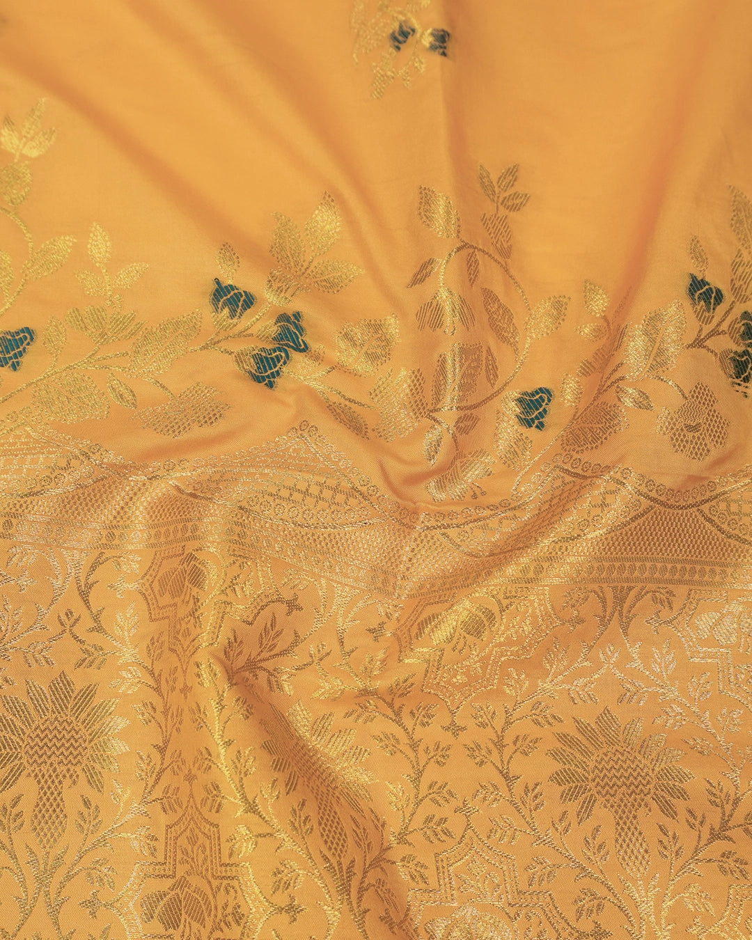Yellow Banarasi Silk Saree with Floral Ivy and Contrast Deep Teal-Meena Highlights
