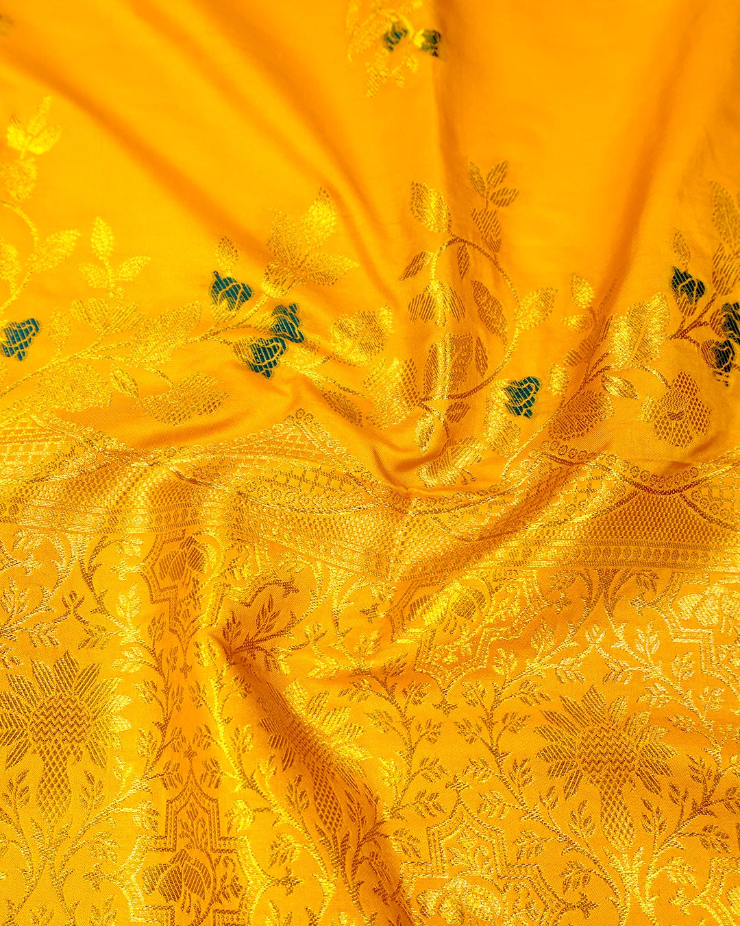 Yellow Banarasi Silk Saree with Floral Ivy and Contrast Deep Teal-Meena Highlights