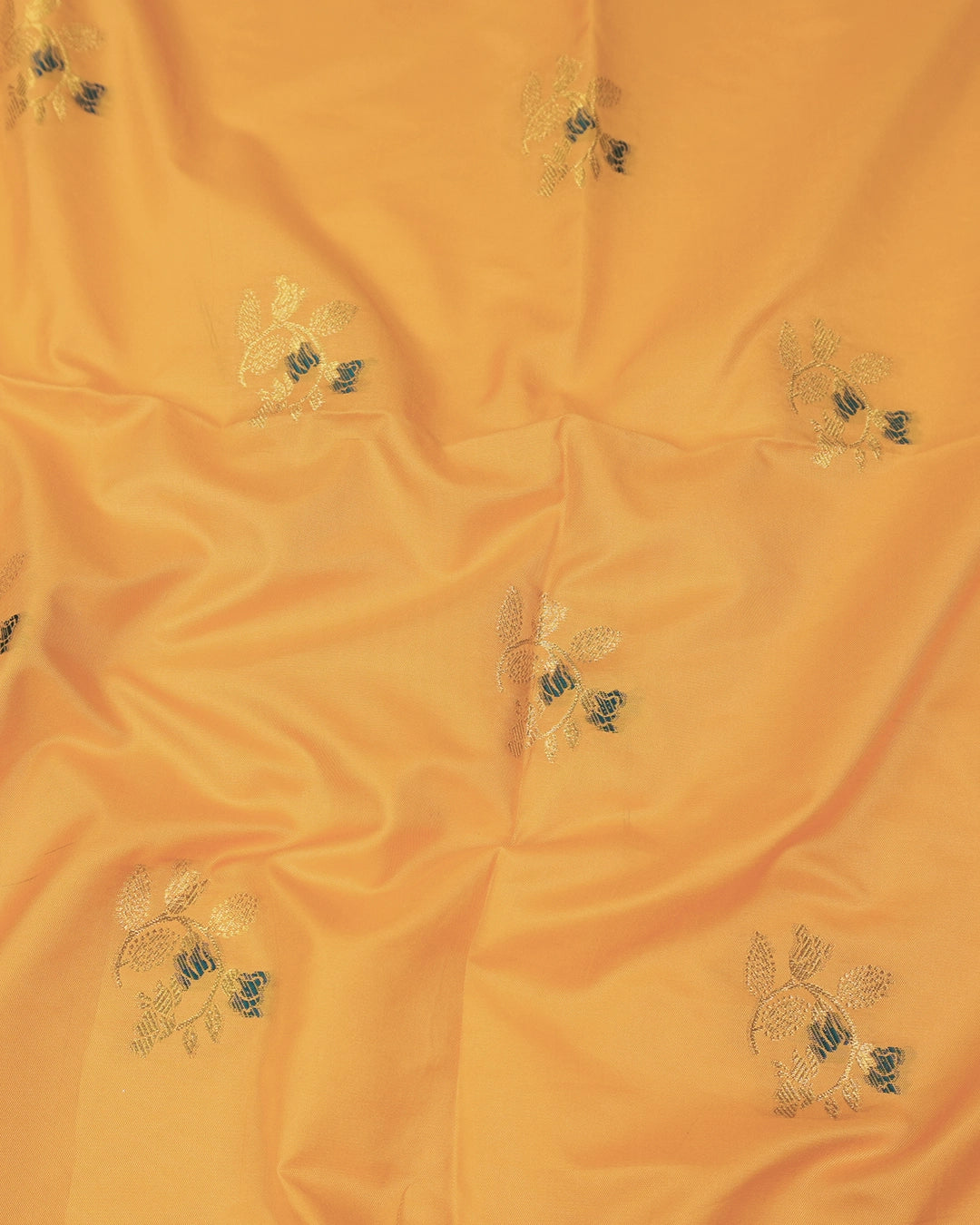 Yellow Banarasi Silk Saree with Floral Ivy and Contrast Deep Teal-Meena Highlights