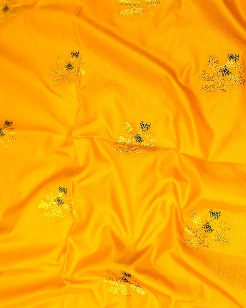 Yellow Banarasi Silk Saree with Floral Ivy and Contrast Deep Teal-Meena Highlights