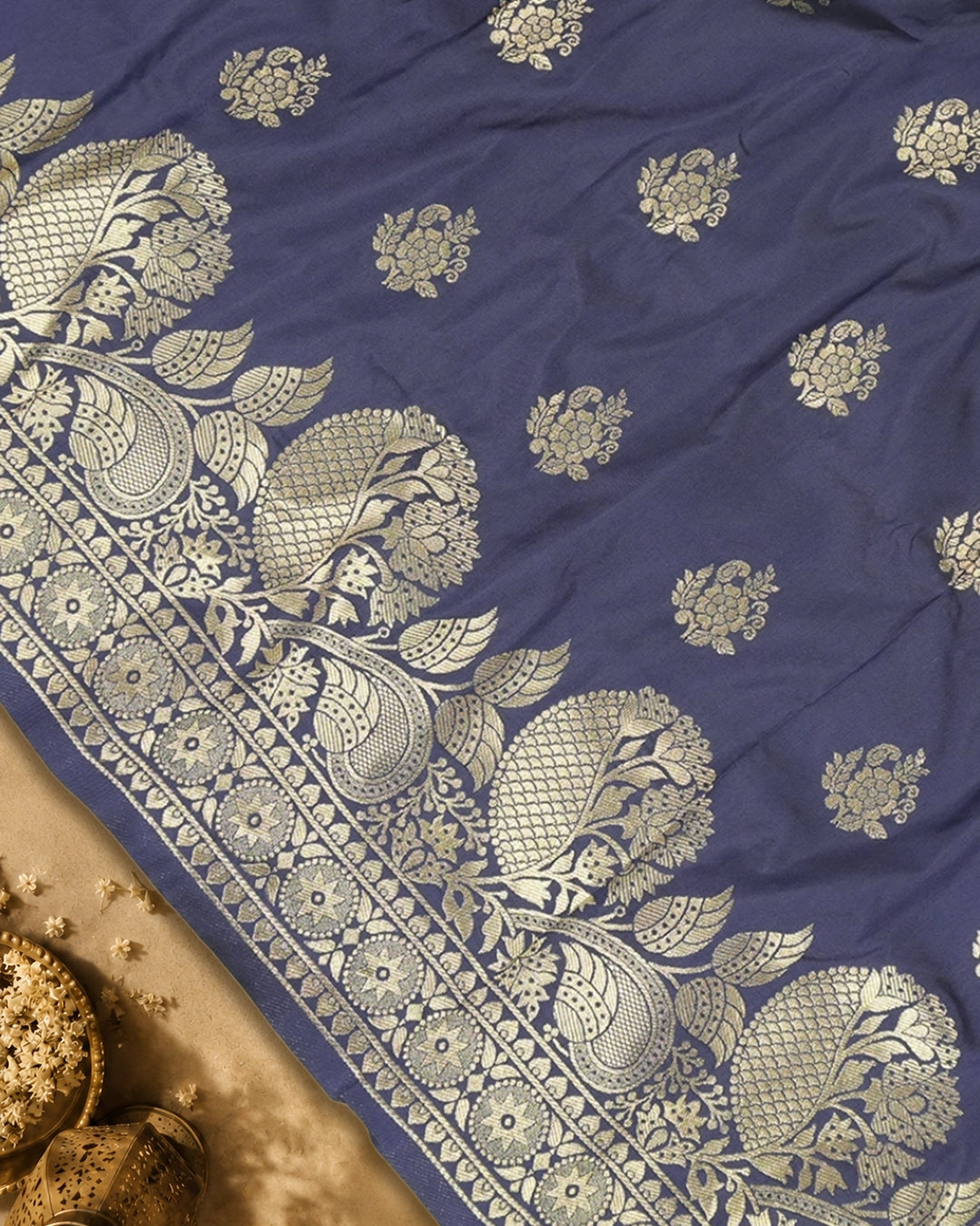 Navy Blue Banarasi Silk Saree with Heavy Artisanal Paisley Weaves