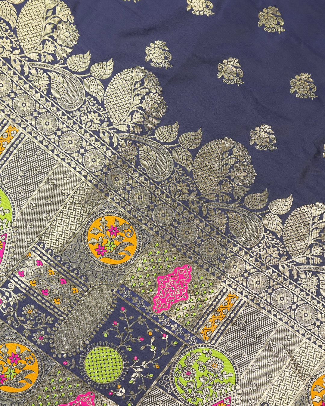 Navy Blue Banarasi Silk Saree with Heavy Artisanal Paisley Weaves