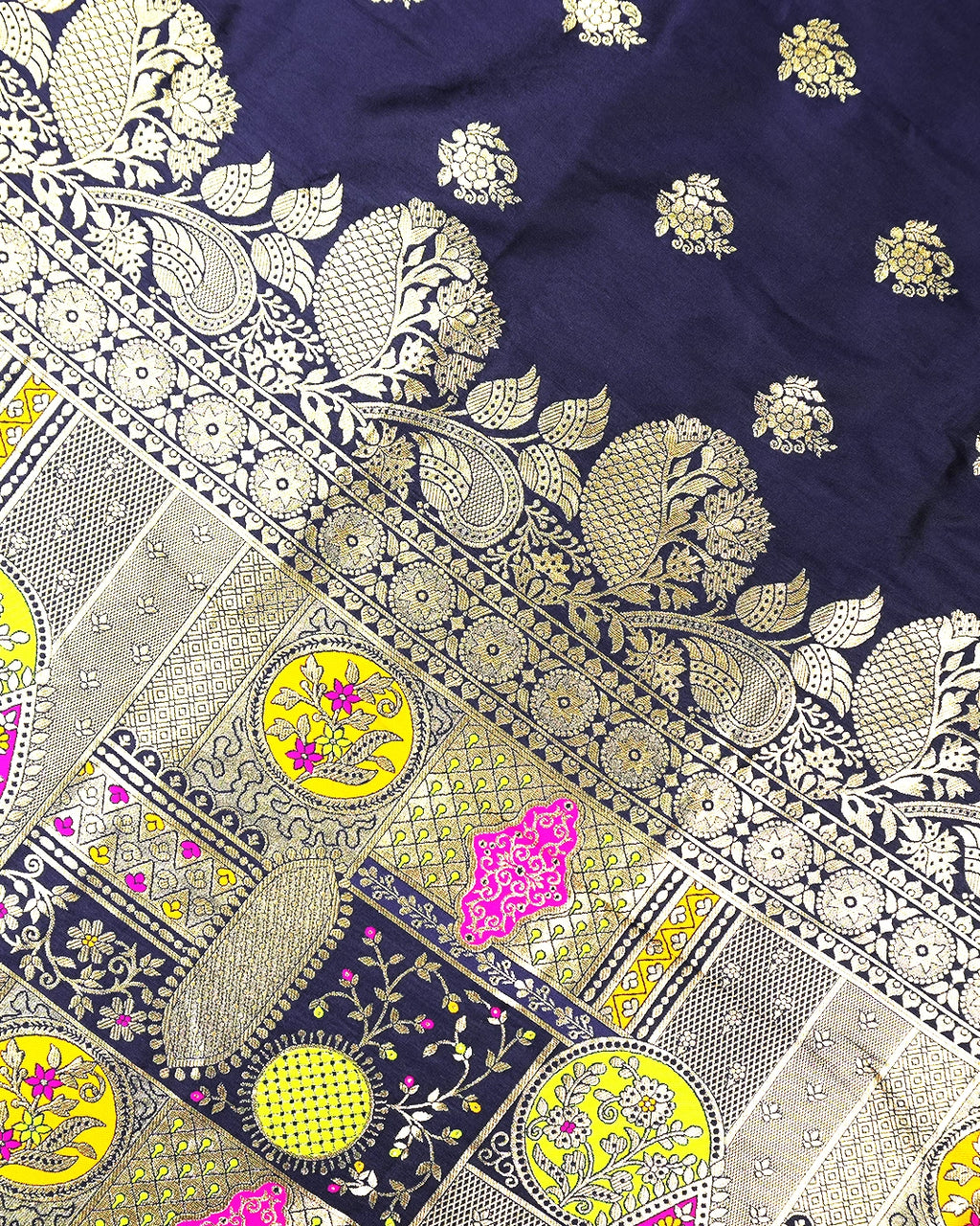 Navy Blue Banarasi Silk Saree with Heavy Artisanal Paisley Weaves