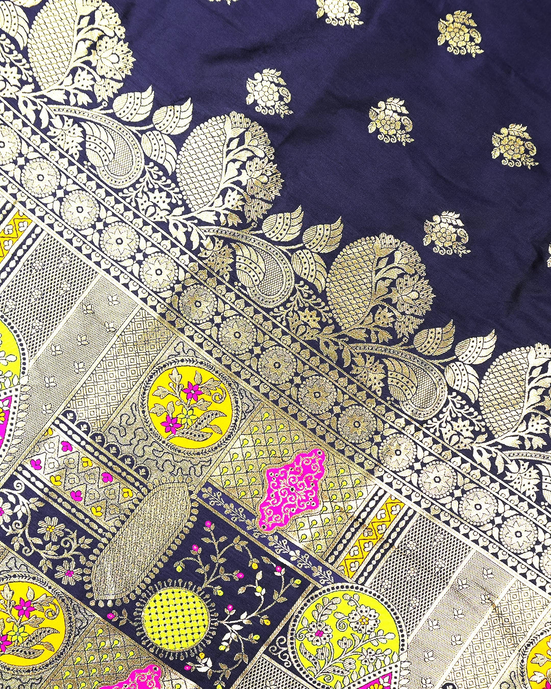 Navy Blue Banarasi Silk Saree with Heavy Artisanal Paisley Weaves