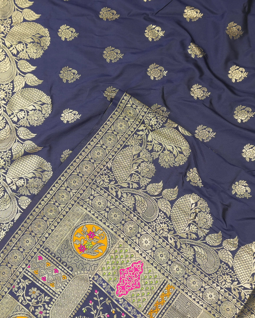 Navy Blue Banarasi Silk Saree with Heavy Artisanal Paisley Weaves