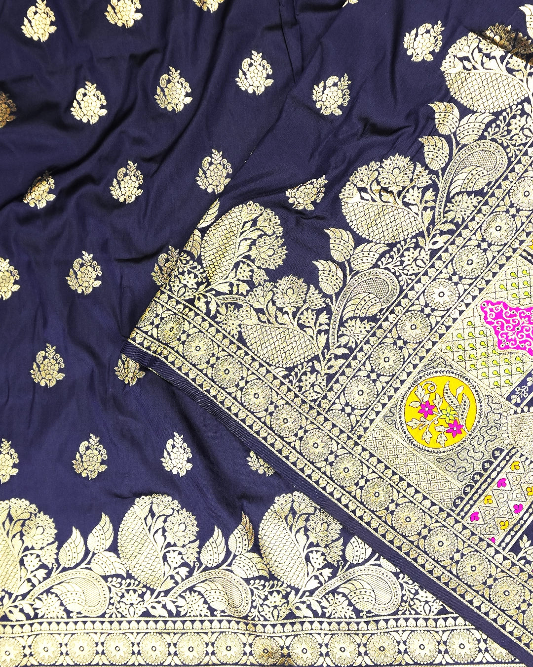 Navy Blue Banarasi Silk Saree with Heavy Artisanal Paisley Weaves