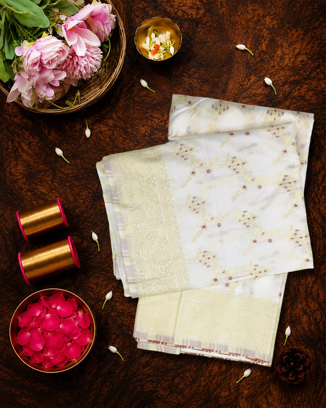 Ivory Banarasi Silk Saree with Delicate Vine and Detailed Meenakari Floral Weaves