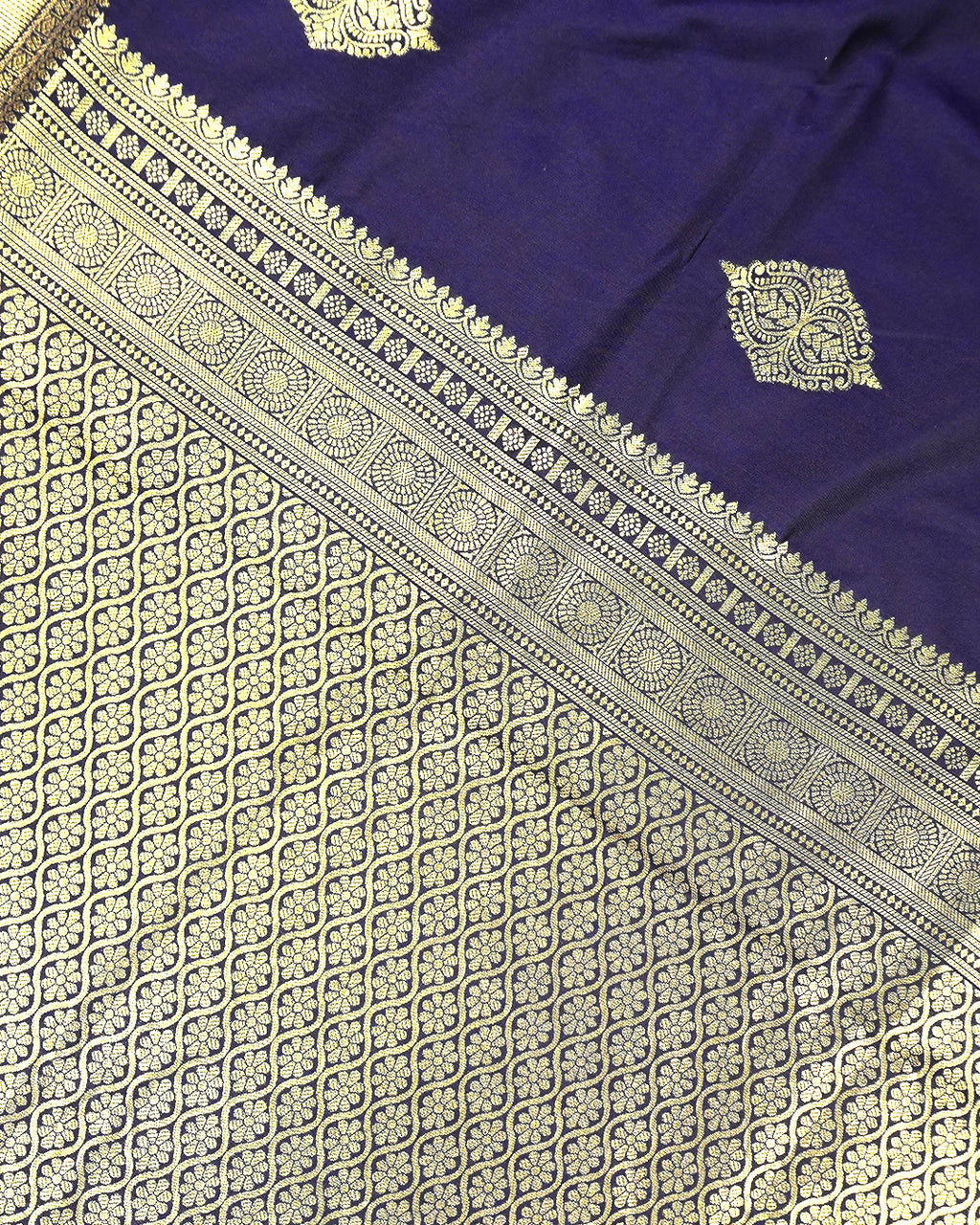 Navy Blue Banarasi Silk Saree with Ornate Architectural Butta Weaves