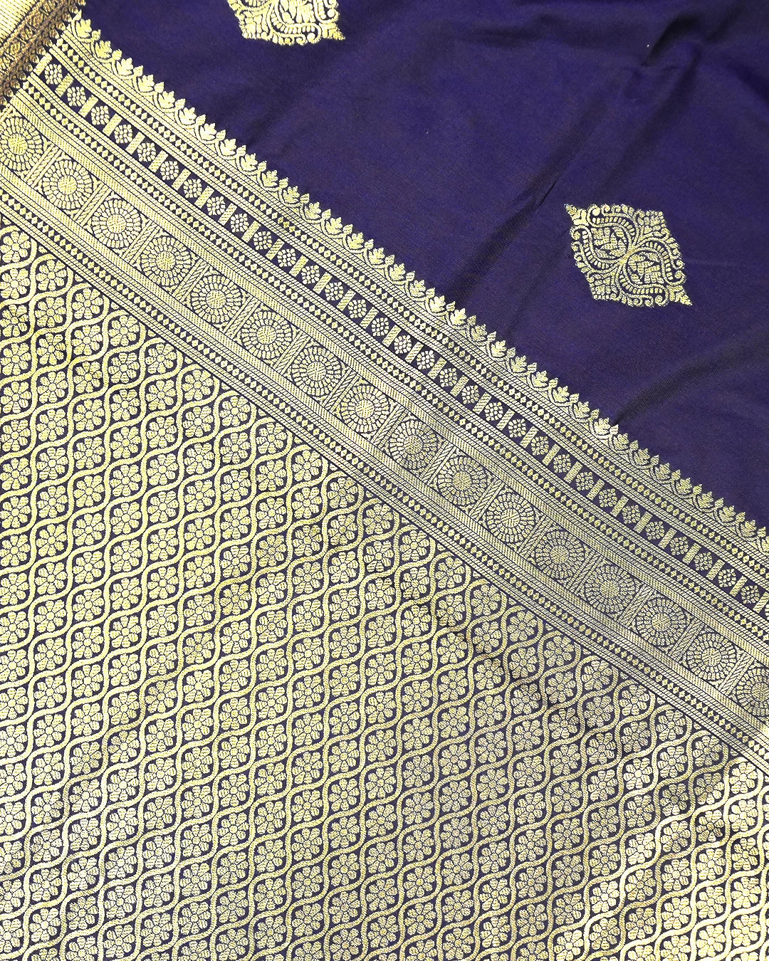 Navy Blue Banarasi Silk Saree with Ornate Architectural Butta Weaves