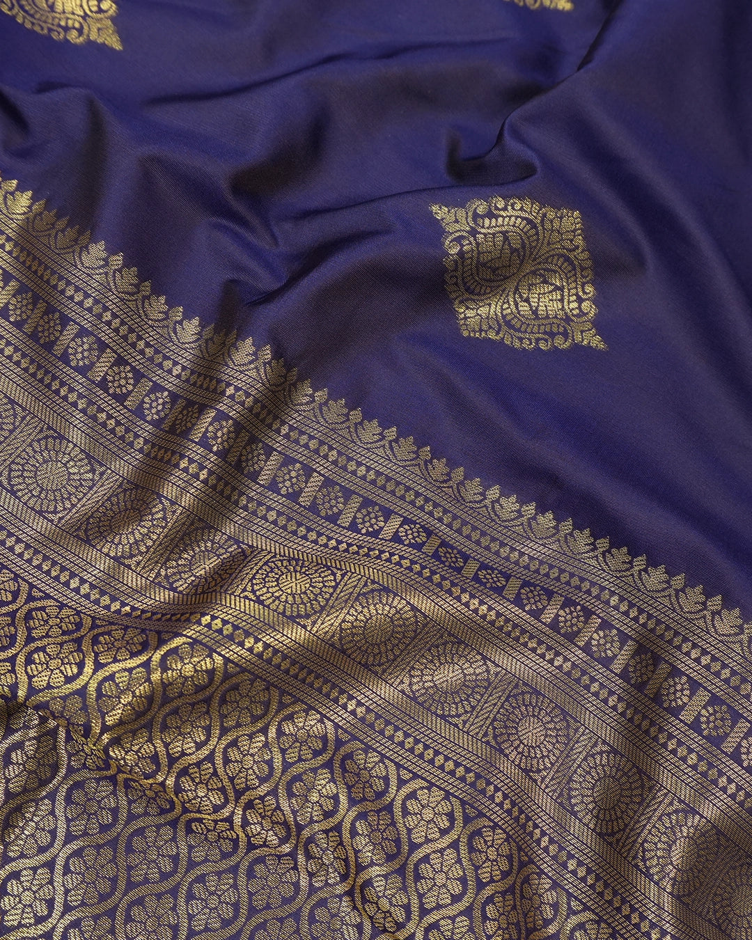Navy Blue Banarasi Silk Saree with Ornate Architectural Butta Weaves