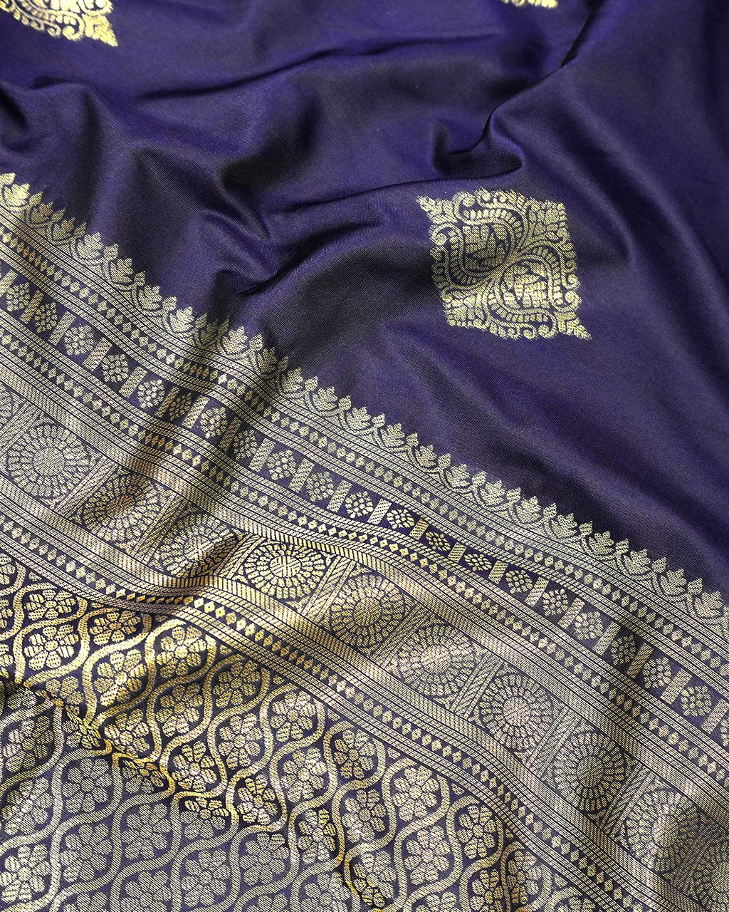Navy Blue Banarasi Silk Saree with Ornate Architectural Butta Weaves