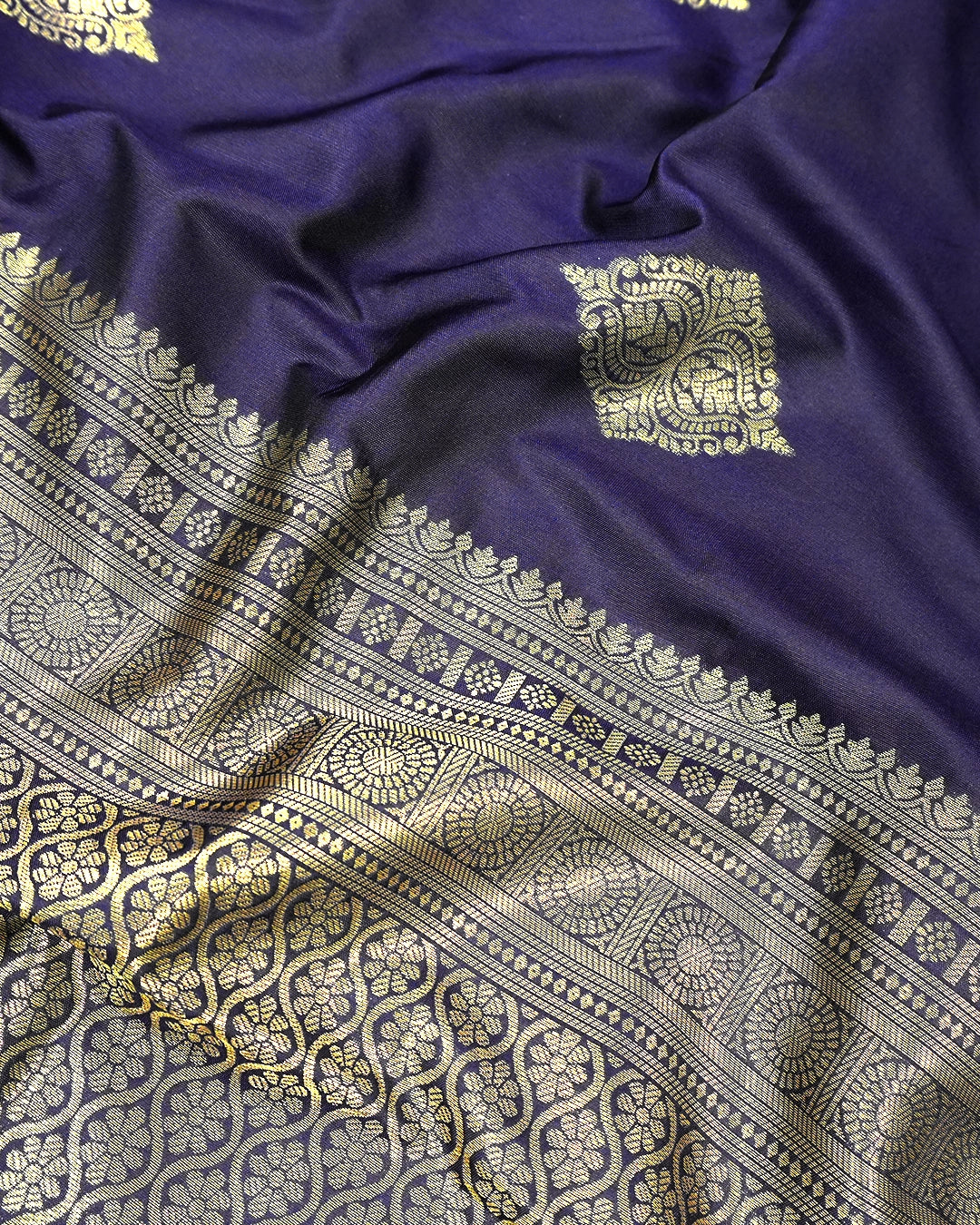 Navy Blue Banarasi Silk Saree with Ornate Architectural Butta Weaves