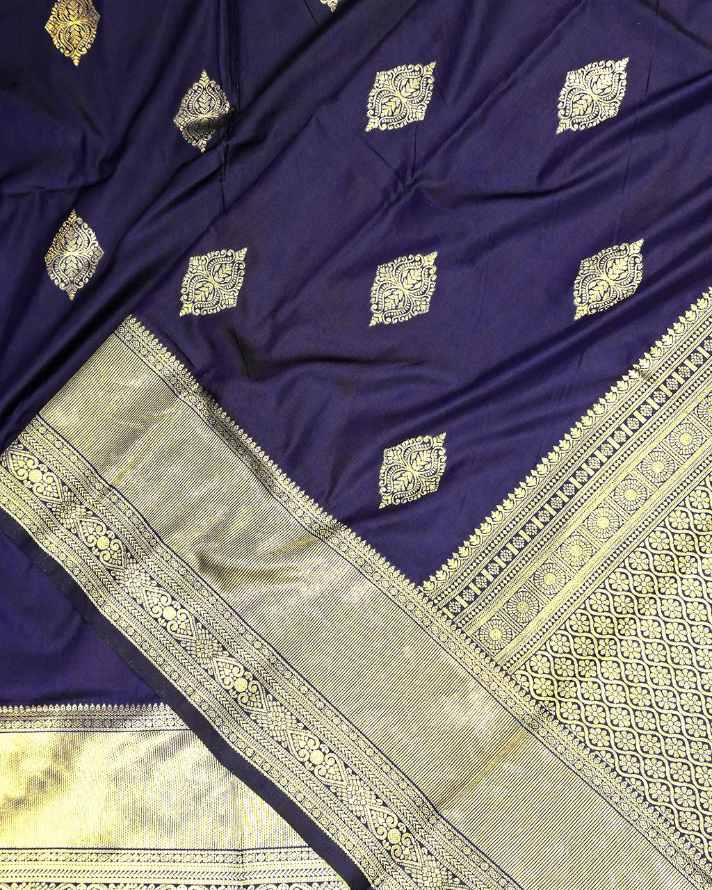 Navy Blue Banarasi Silk Saree with Ornate Architectural Butta Weaves