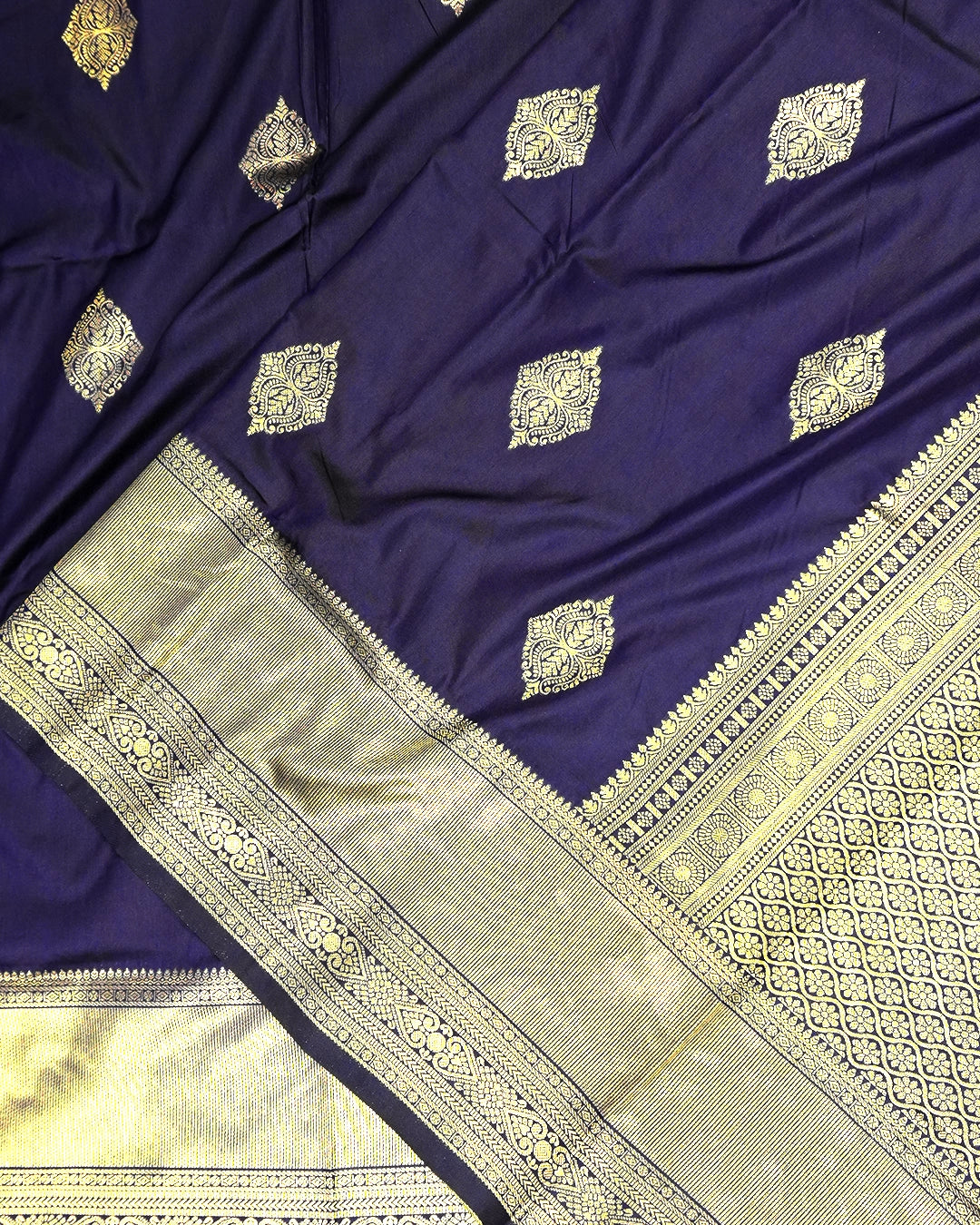 Navy Blue Banarasi Silk Saree with Ornate Architectural Butta Weaves