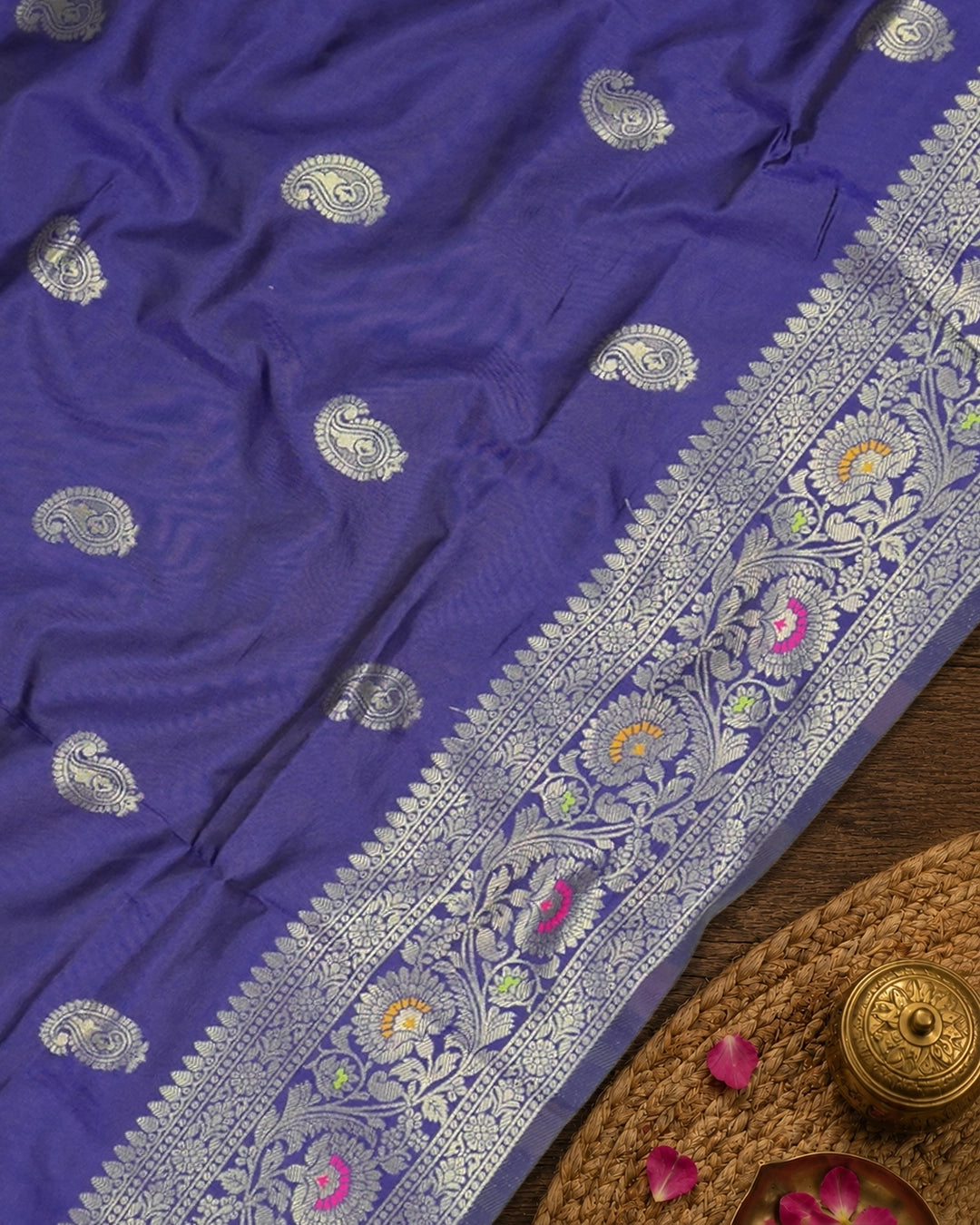 Blue Banarasi Silk Saree with Vintage Kalkas Weaves and Colorful Meenakari Border