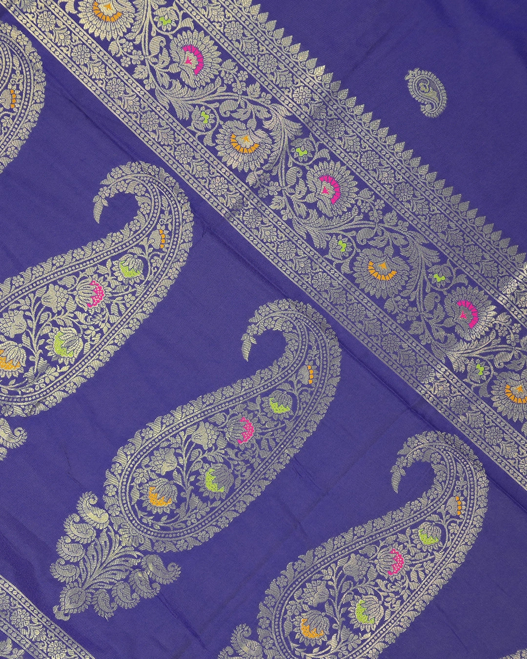Blue Banarasi Silk Saree with Vintage Kalkas Weaves and Colorful Meenakari Border