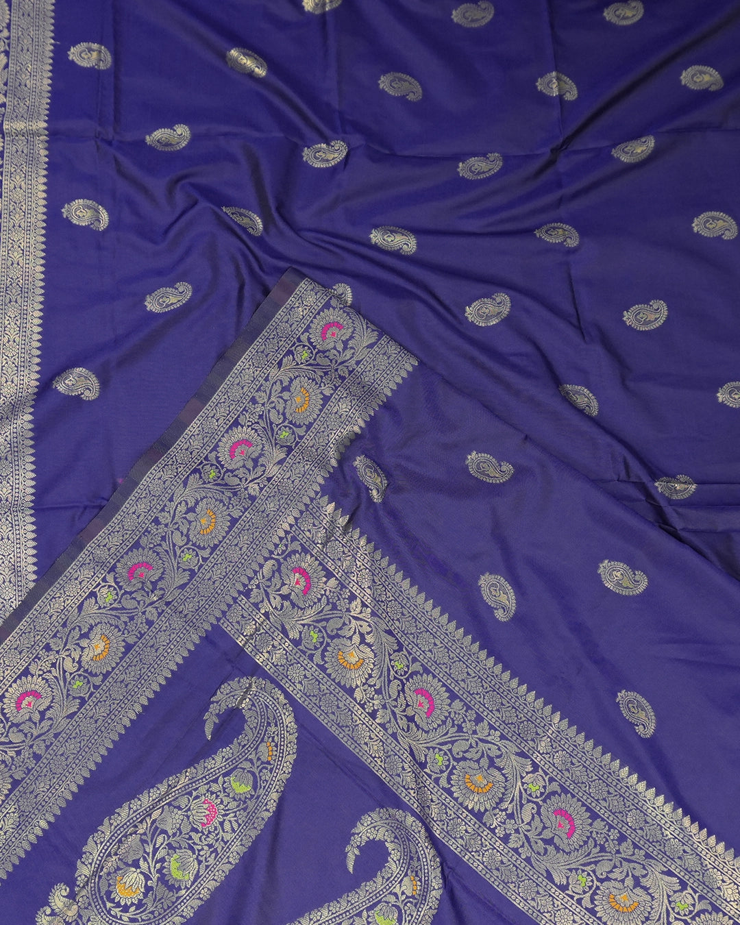 Blue Banarasi Silk Saree with Vintage Kalkas Weaves and Colorful Meenakari Border