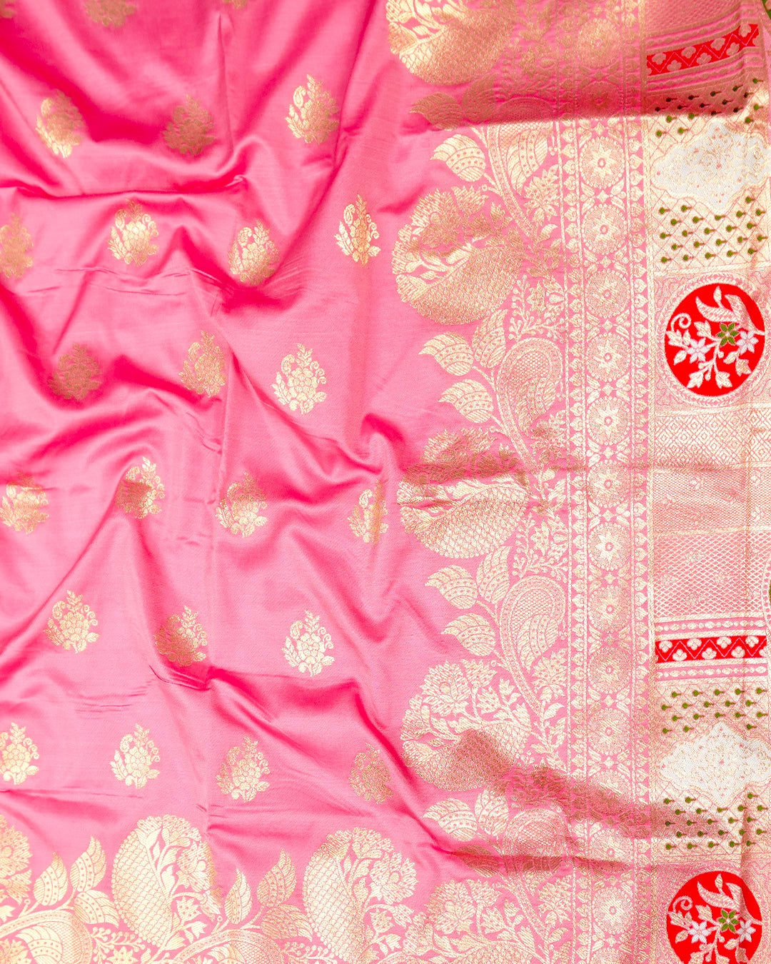 Pink Banarasi Silk Saree with Delicate Floral Buta Weaving