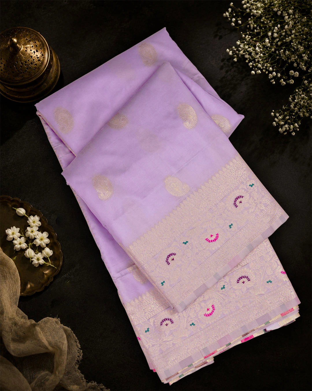 Lavender Banarasi Silk Saree with Delicate Paisley Buta Weaving