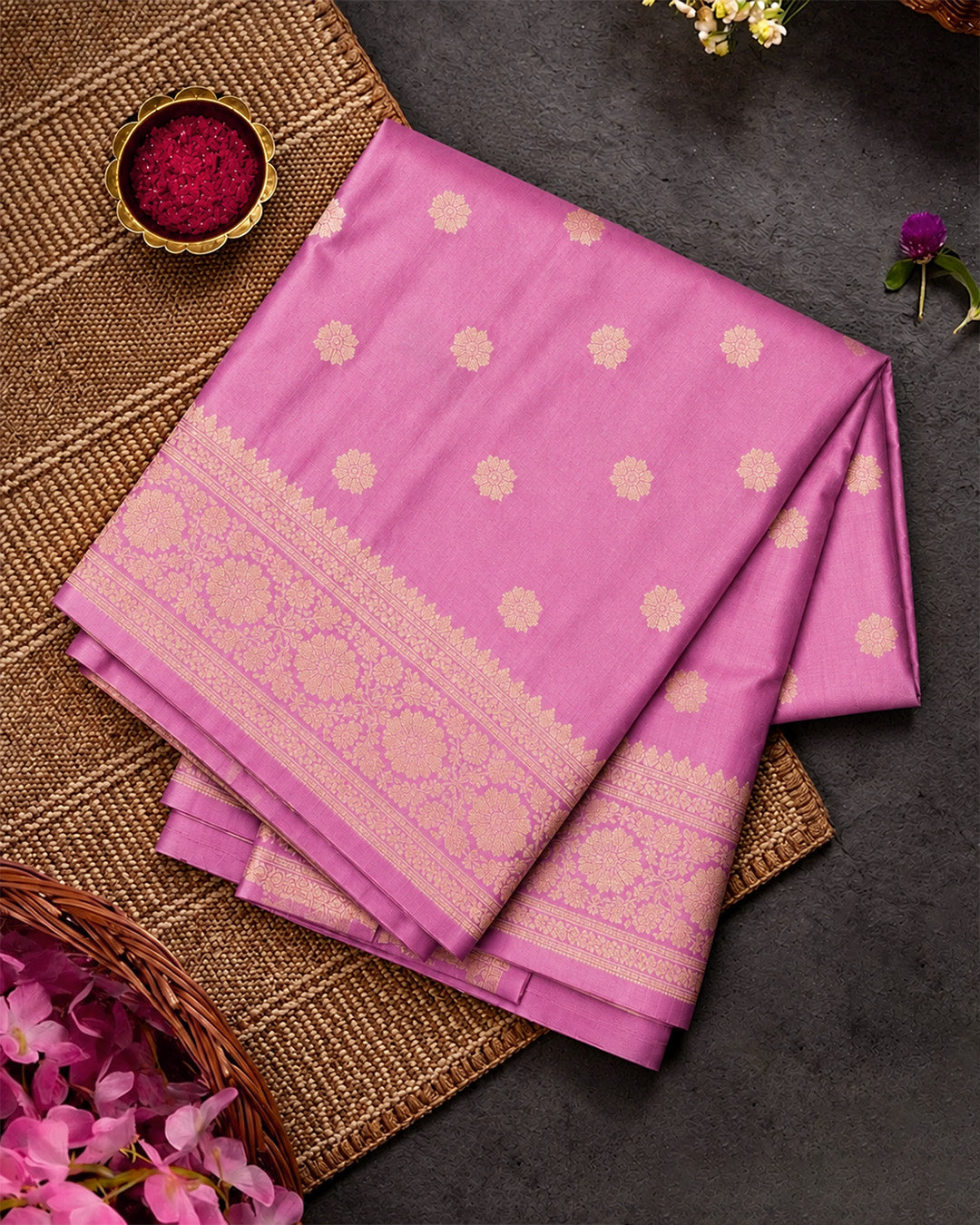 Orchid Pink Banarasi Silk Saree Highlighting Fine Floral Medallion Butis Weaves