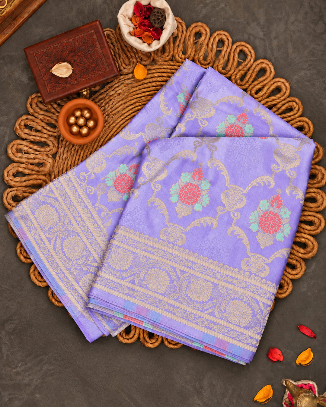 Lavender Banarasi Silk Saree with Botanical Meenakari Vines Weaves