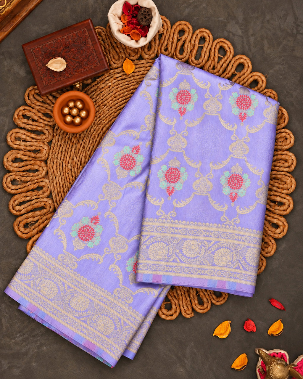 Lavender Banarasi Silk Saree with Botanical Meenakari Vines Weaves