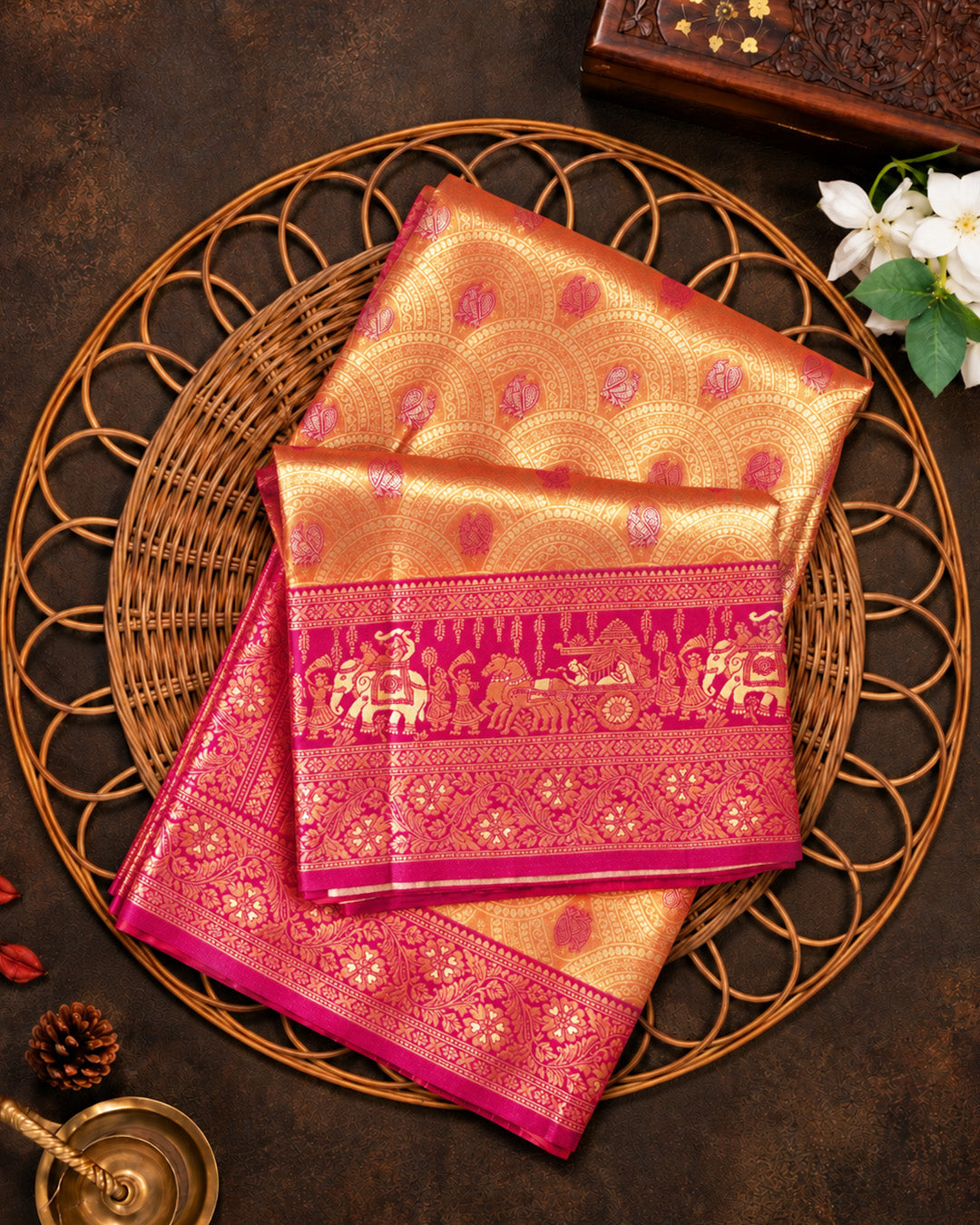 Peach Orange Kanjivaram Silk Saree with Rich Gold Zari Archway Weaving