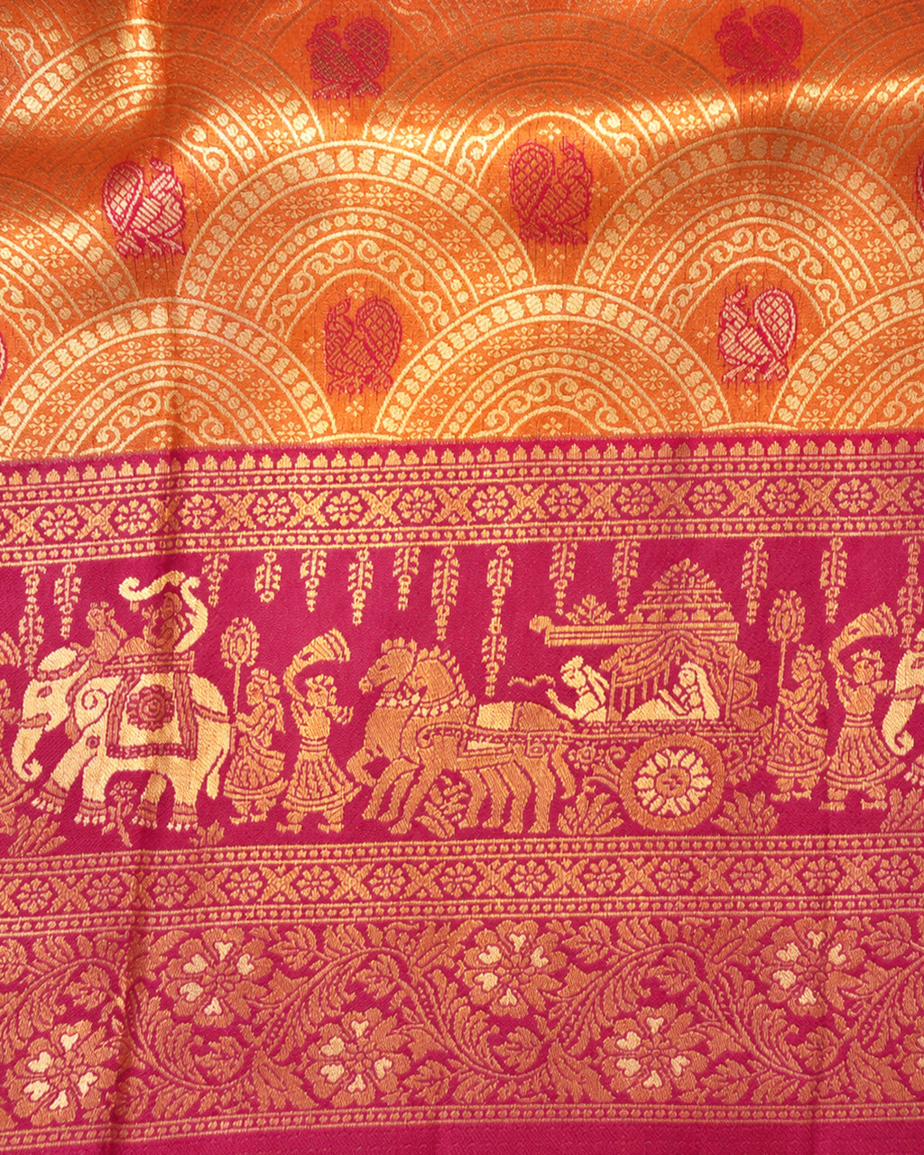 Peach Orange Kanjivaram Silk Saree with Rich Gold Zari Archway Weaving