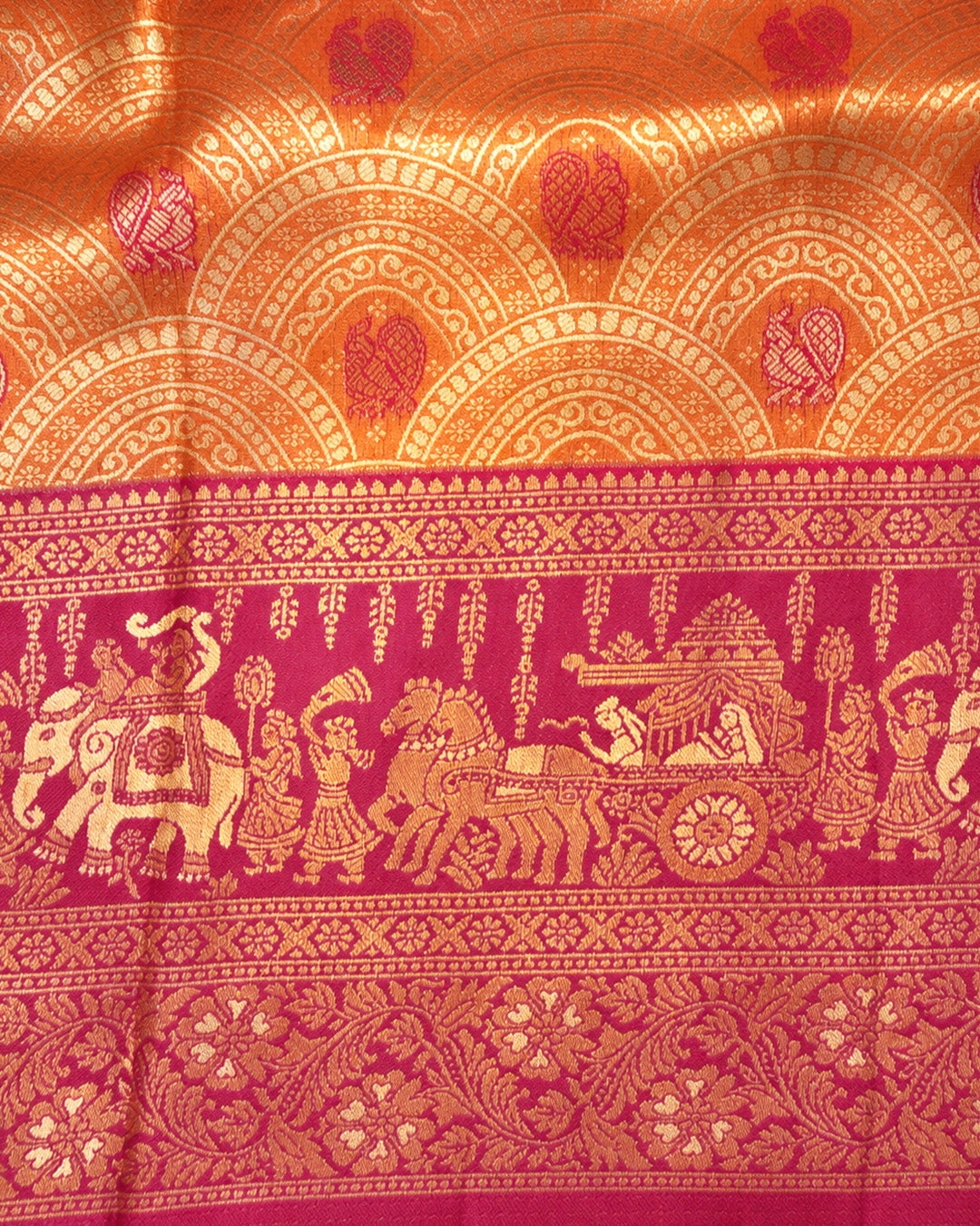 Peach Orange Kanjivaram Silk Saree with Rich Gold Zari Archway Weaving