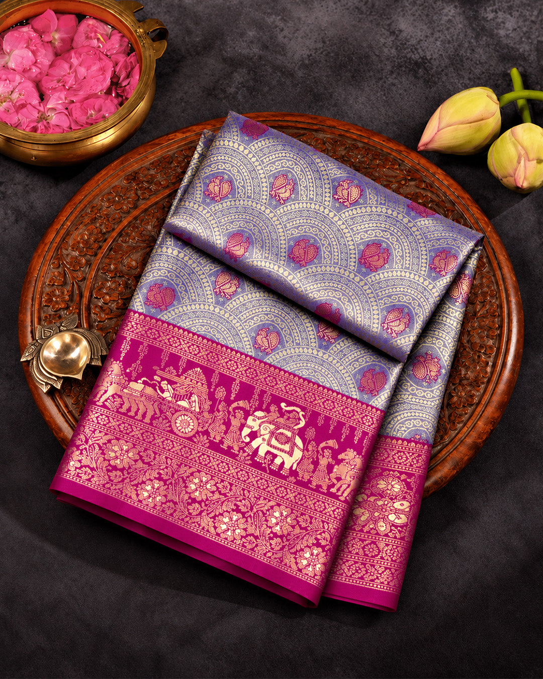 Soft Blue Kanjivaram Silk Saree with Architectural Jaal Weaves
