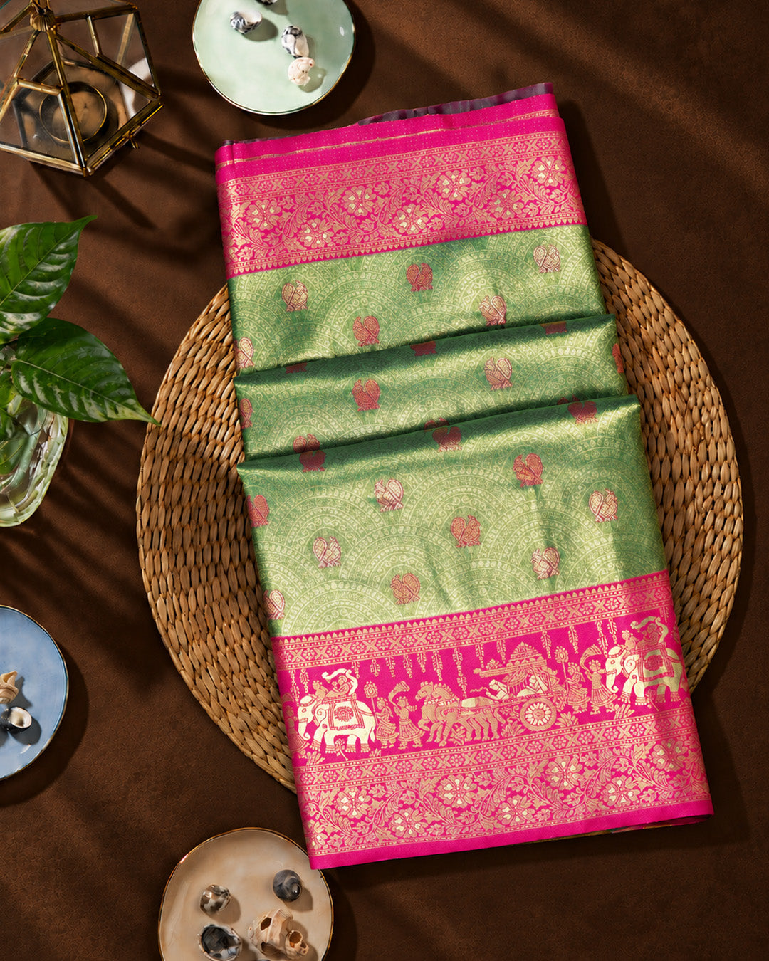 Light Green Kanjivaram Silk Saree with Traditional Peacock Motifs Arches Weaves