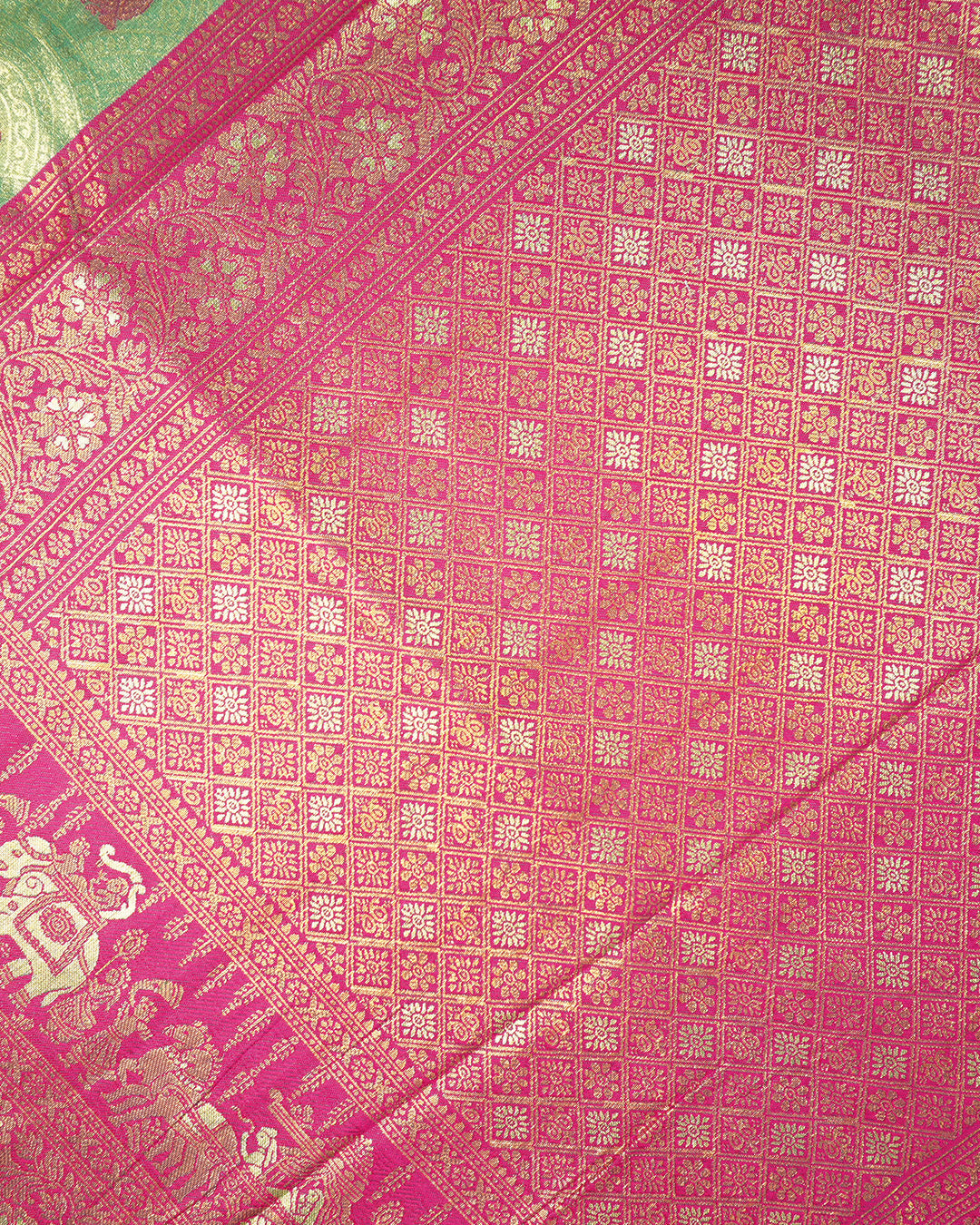 Light Green Kanjivaram Silk Saree with Traditional Peacock Motifs Arches Weaves