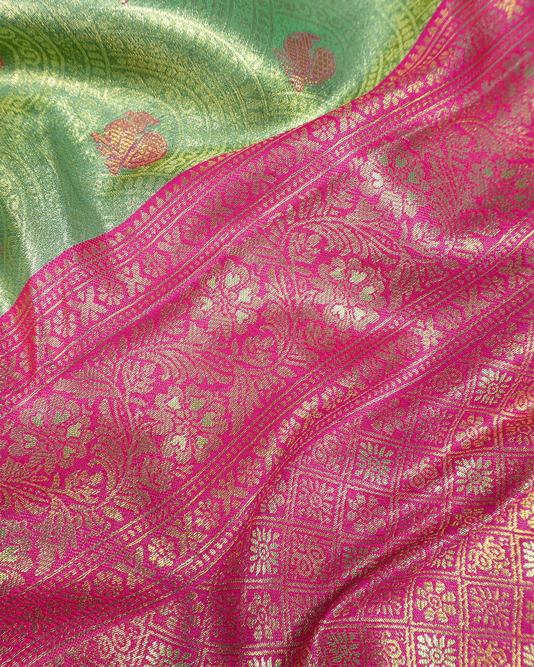 Light Green Kanjivaram Silk Saree with Traditional Peacock Motifs Arches Weaves
