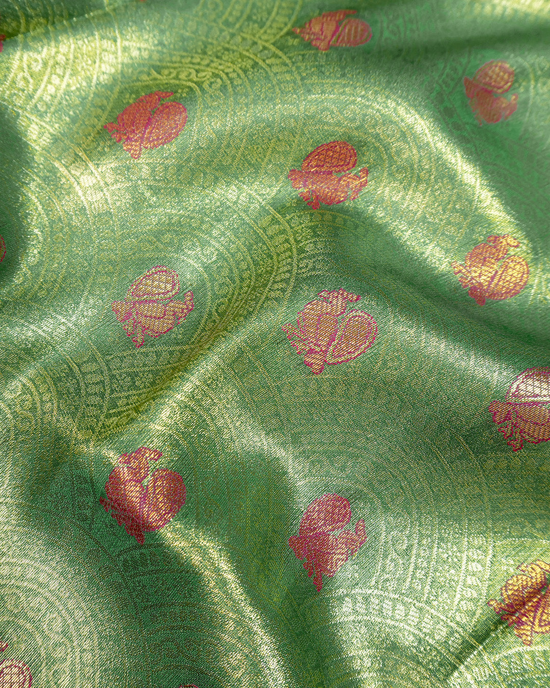 Light Green Kanjivaram Silk Saree with Traditional Peacock Motifs Arches Weaves