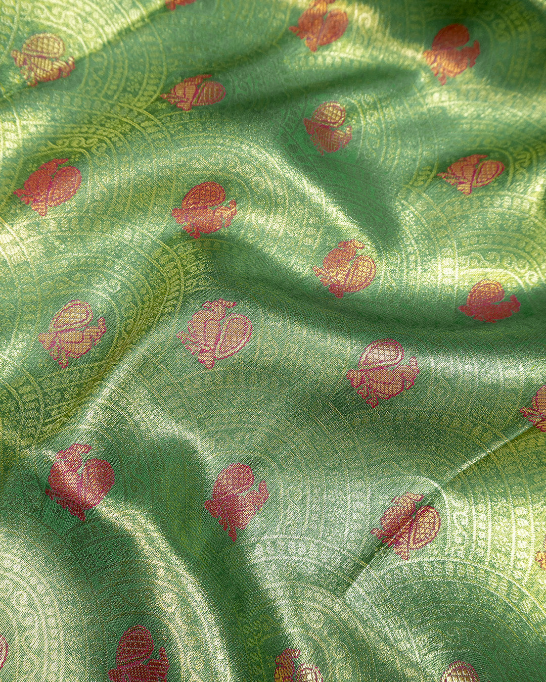 Light Green Kanjivaram Silk Saree with Traditional Peacock Motifs Arches Weaves